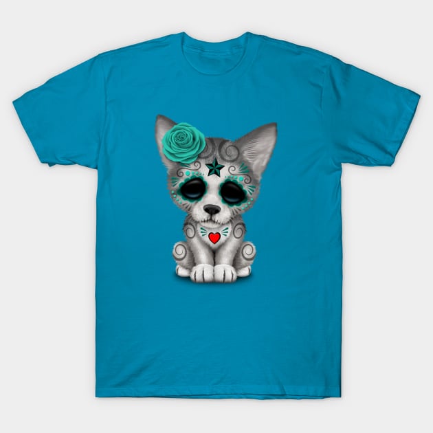 Blue Day of the Dead Sugar Skull Wolf Cub T-Shirt by jeffbartels